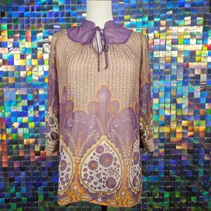 Fire Los Angeles Purple‎ Floral Print Sheer Long Sleeve Tie Neck Blouse Top